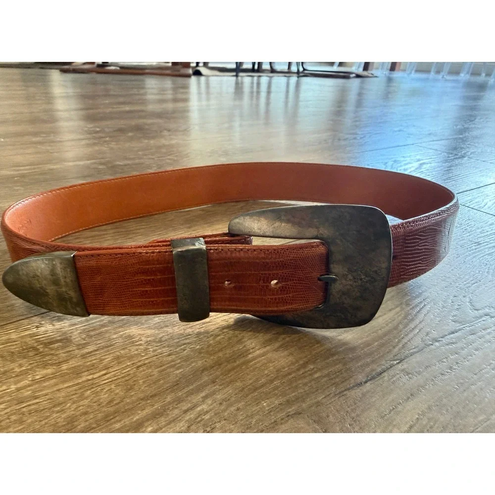 Bari Reias Vintage Genuine Lizard Leather Western‎ Belt Cognac Brown Size 30 USA